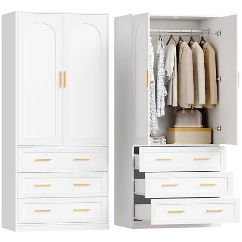 71-Inch Freestanding Wooden Wardrobe Closet with 3 Drawers and Hanging Rod