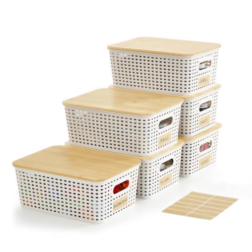 Small Plastic Storage Bins with Bamboo Lids Stackable 6-Pack Cream White