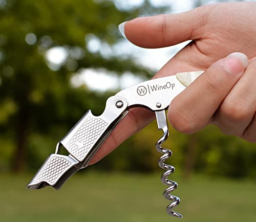 WineOp White Resin Double Hinged Waiter's Corkscrew Wine Opener - Professional Stainless Steel Bottle Key