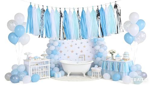 Blue and Silver Tassel Garland Kit - 20 Pcs Tissue Paper DIY Banner