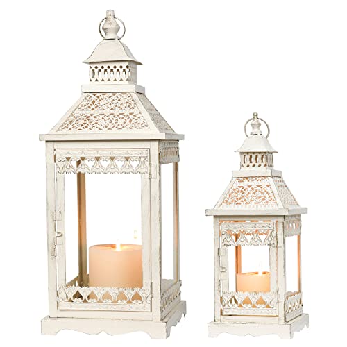 NEEDOMO Beige Outdoor Lanterns - Set of 2 Large Square Candle Lanterns (21" + 15"), Indoor/Outdoor