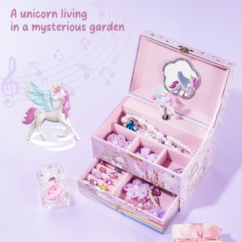 Unicorn Jewelry Box for Kids with Musical Movement and Storage Drawer