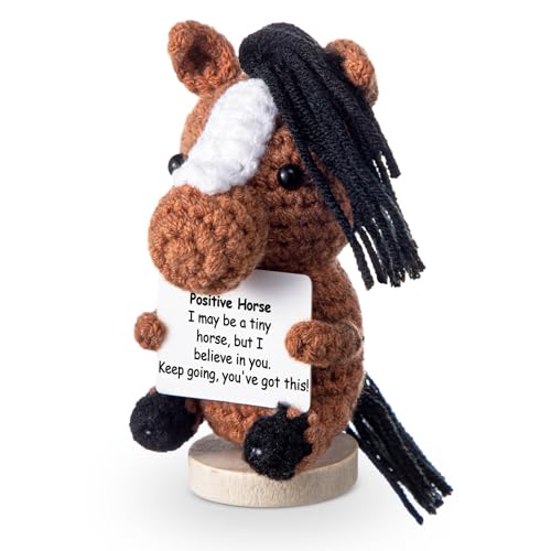 Handmade Crochet Horse Gift with Encouragement Card, Positive Knitted Toy