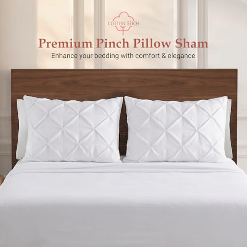 Pinch Pleated Cotton Pillow Shams Set of 2, King Size 20 x 36 Inch, White