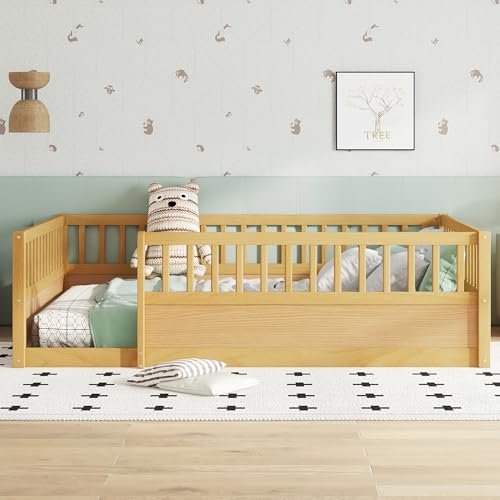 Full Size Montessori Floor Bed Frame with Safety Fence, Solid Wood