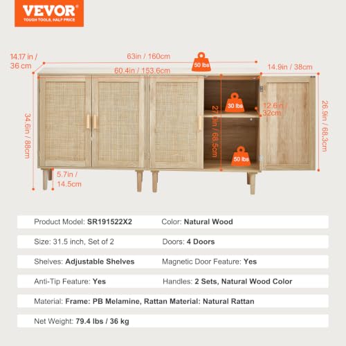 Rattan Buffet Cabinet with 4 Magnetic Doors and Adjustable Shelves