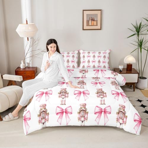 Pink White Twin Bedding Set with Christmas Nutcracker & Bowknot - All Season Girls Bedroom Decor