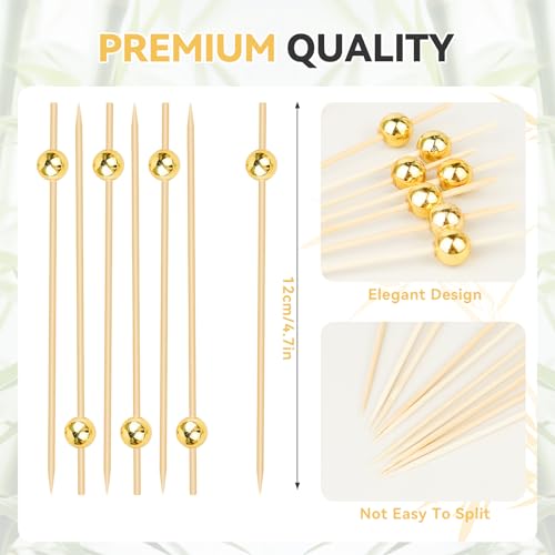Bamboo Cocktail Picks with Gold Ball - 4.7 Inch Appetizer Skewers, 200 Pack