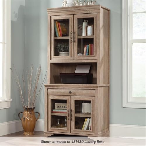 Engineered Wood Library Hutch with Glass Doors in Brushed Oak Finish