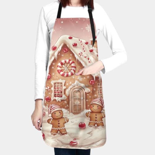 Evlaschin Gingerbread Stain-Resistant Adjustable-Neck Apron with Front Pockets for Cooking & Grilling