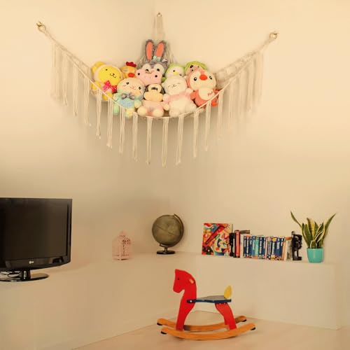Large Boho Stuffed Animal Hammock - Corner Plush Toy Storage Net for Nursery