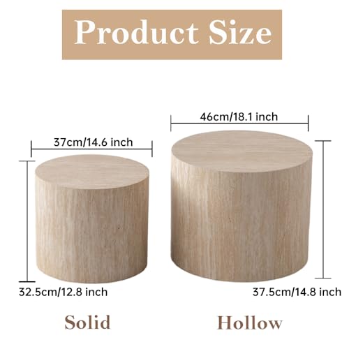Round Travertine Nesting Coffee Table Set of 2, Modern Nested Side Tables