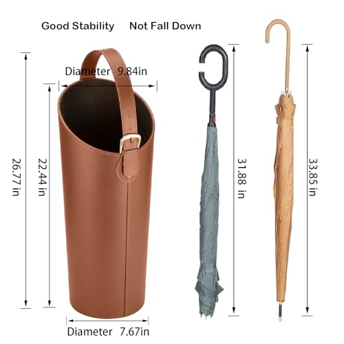 Tall Leather Umbrella Stand for Entryway with Drip Tray and 2 Hooks
