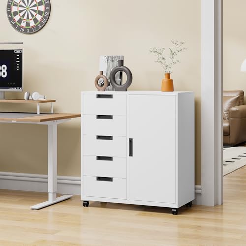 5-Drawer Metal Rolling Storage Cabinet with Adjustable Shelf - White