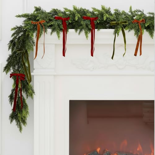 6ft Artificial Cedar Garland with 24 Velvet Bows, Christmas Holiday Decor