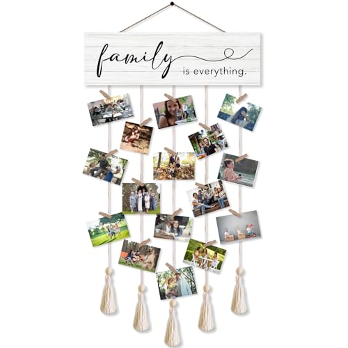 Rustic Farmhouse Hanging Photo Display Board with 16 Clips and Tassels