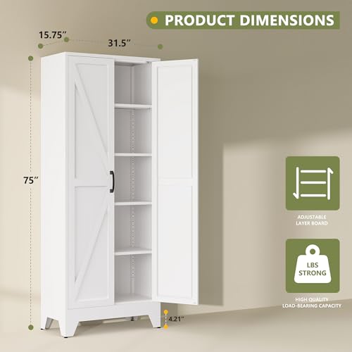 75" Farmhouse Metal Pantry Cabinet with Barn Doors and Adjustable Shelves