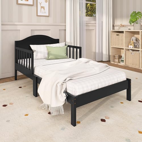 Solid Pinewood Toddler Bed Frame with Safety Rails & Arched Panel - Black