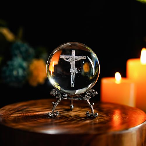 Zeershee 2.3" Jesus Crystal Ball with Triangular Stand - Cross Jesus Gift