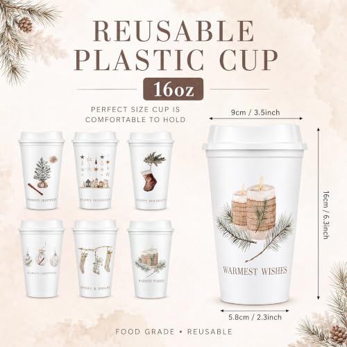 Havawish 12-Pack Rustic Neutral Christmas Coffee Cups with Lids, 16 oz Plastic Tumbler Bulk