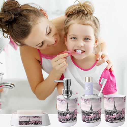 Pink Paris 9-Piece Bathroom Accessories Set with Shower Curtain & Trash Can
