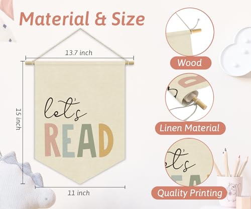 Let's Read Canvas Wall Banner, Bohemian Reading Corner Decor Hanging Flag
