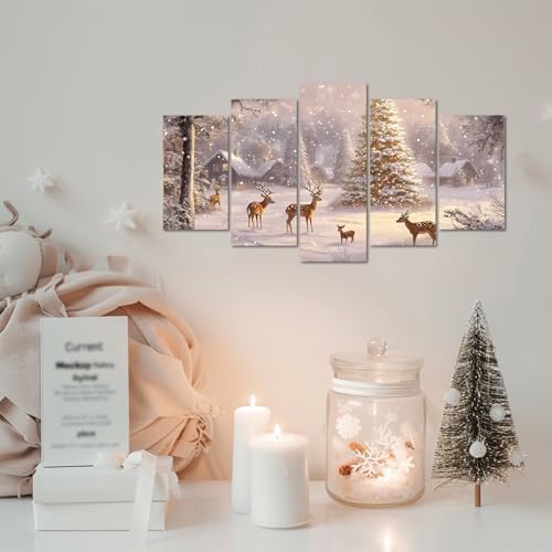 Christmas Canvas Wall Art 5 Piece Snow Deer & Tree Winter Scene Rustic Decor 8x14x2 8x18x2 8x22x1