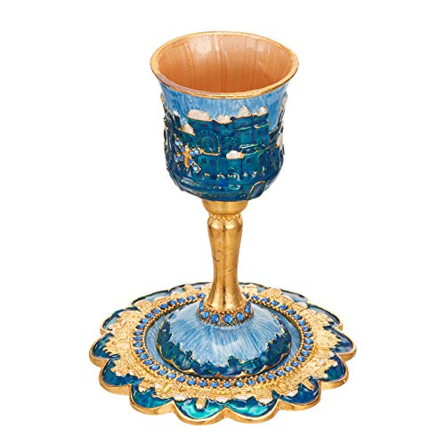 Hand-Painted Enamel Kiddush Cup Set with Tray and Crystal Embellishments