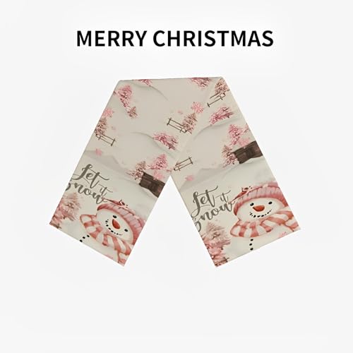 CHAIYA 13x72 Inch Xmas Tree Runner Let It Snow Pink Snowman Holiday Table Runner