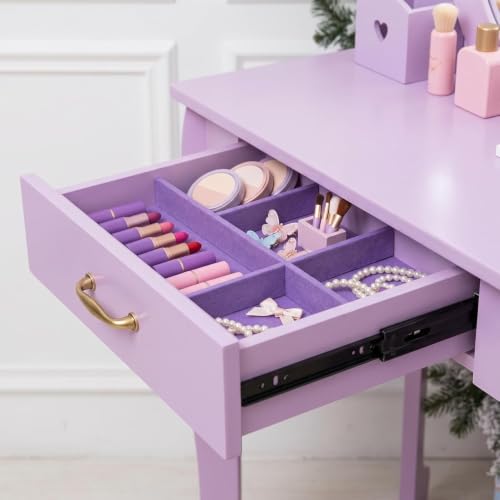 Kids Purple Vanity Set with LED Lighted Mirror and Stool for Ages 4-8