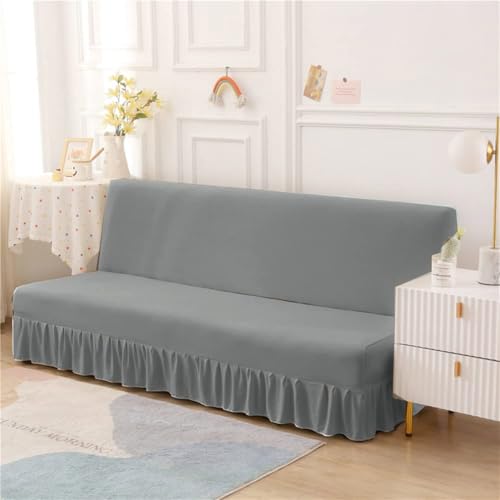 Dark Grey Stretch Armless Futon Cover with Skirt for Sofa Bed, Washable, Fits 68-85"