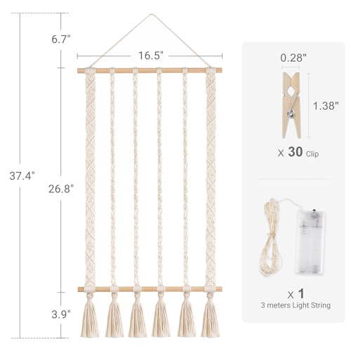 Macrame Wall Hanging Photo Display with LED String Lights & 30 Clips