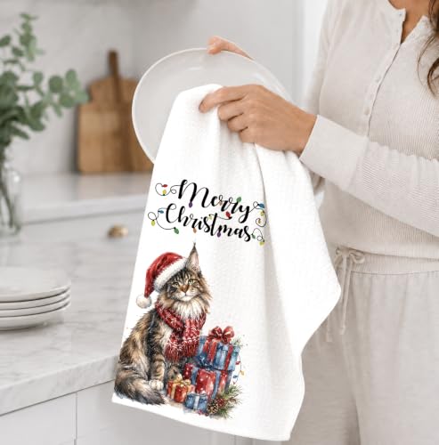 Santa Tabby Cat Christmas Kitchen Towels 16x24in - Merry Christmas Decor