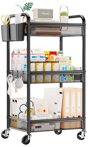 Yasonic 3-Tier Metal Rolling Utility Cart with Wheels, Black Storage Organizer with Hanging Cups and Hooks for Kitchen, Office, and Craft Room