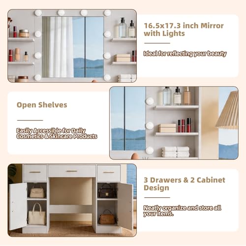 42-Inch Makeup Vanity Desk with LED Lighted Mirror, Power Outlet & Storage