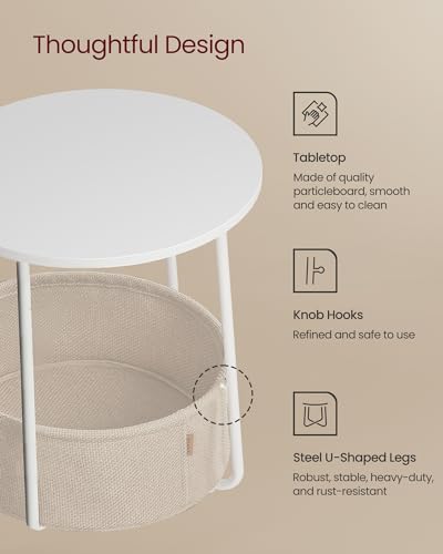 Small Round Side End Table with Fabric Storage Basket, Modern Nightstand