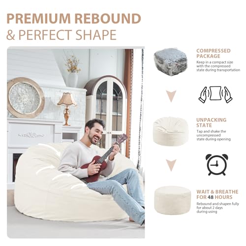 5ft Memory Foam Bean Bag Chair - Large Round Velvet Beanbag Sofa, Beige