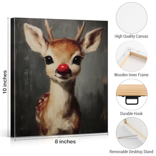 Reindeer Vintage Christmas Canvas Wall Art 8x10 - XIPLUM, Red Nose Whimsical Deer Print (Reindeer)