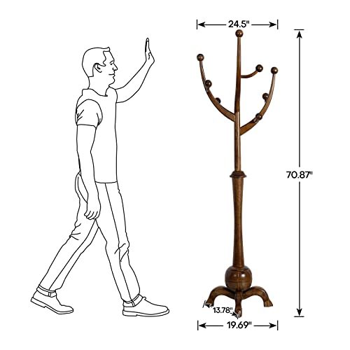 Solid Wood Freestanding Coat Rack, 8-Hook Tree Branch Design, Walnut Brown