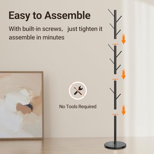Adjustable Height Metal Coat Rack with Natural Marble Base, 10 Hooks