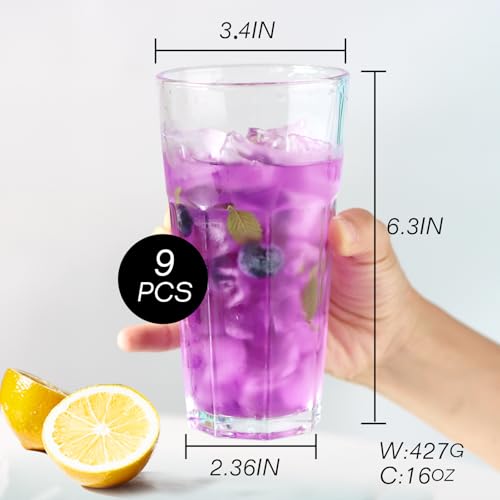 Etolies 16oz Highball Glass Set of 9 - Durable Cocktail & Beverage Glassware