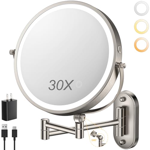 ZLOKLA 9-Inch Rechargeable Wall-Mounted Lighted Makeup Mirror with 30X Magnification - Nickel Finish, 4000mAh Battery, Dimmable LED Lights, Extended Arm, 360° Rotation - Model 4000mah-9inch-30x-nickel