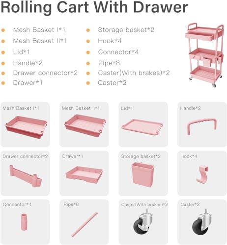 3-Tier Rolling Utility Cart with Drawer & Hooks, Pink Mobile Storage Shelf