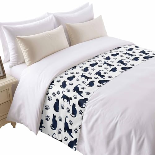 Navy Blue Cat Paw Bed Runner Scarf for Full Size Bed Foot (83"x20")