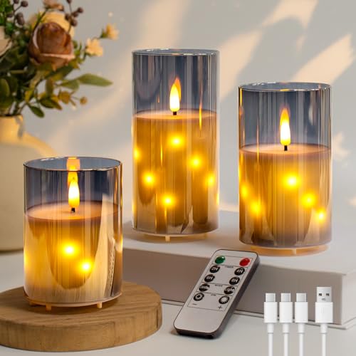 Rechargeable Glass Flameless Candles with Remote & Timer, 3D Wick, Grey-Embedded Fairy Lights, Real Wax 3-Pack