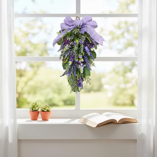 23-Inch Pre-Lit Lavender Teardrop Swag with LED Lights and Gingham Bow