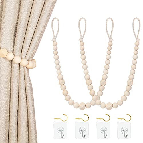 Wood Bead Curtain Tiebacks, 4 Pack Boho Farmhouse Drapery Holdbacks