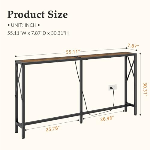 55-Inch Narrow Console Table with Charging Station and USB Ports, Brown