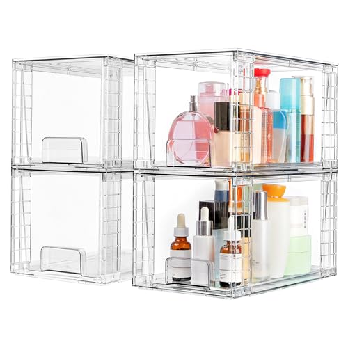 Clear Stackable Storage Drawers 4 Pack Large Pull-Out Bins