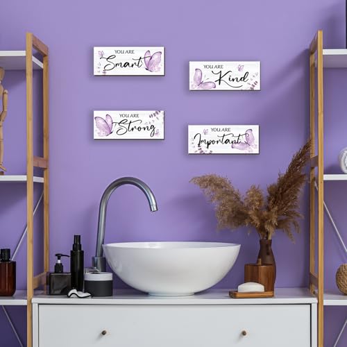 4-Piece Purple Butterfly Wooden Wall Decor with Inspirational Quotes